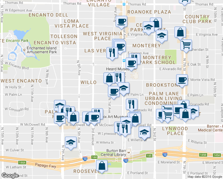 map of restaurants, bars, coffee shops, grocery stores, and more near 2001 North 1st Avenue in Phoenix