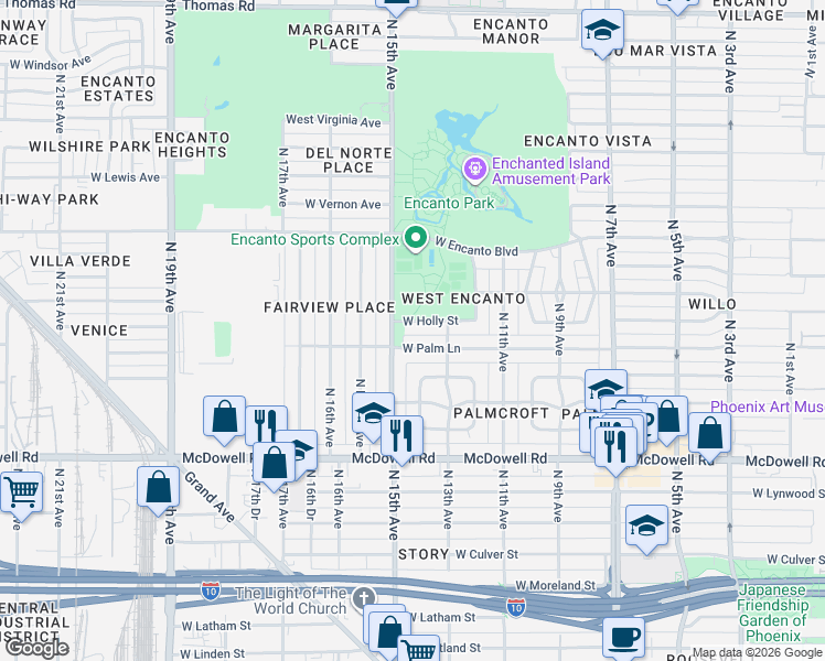 map of restaurants, bars, coffee shops, grocery stores, and more near 1322 West Palm Lane in Phoenix