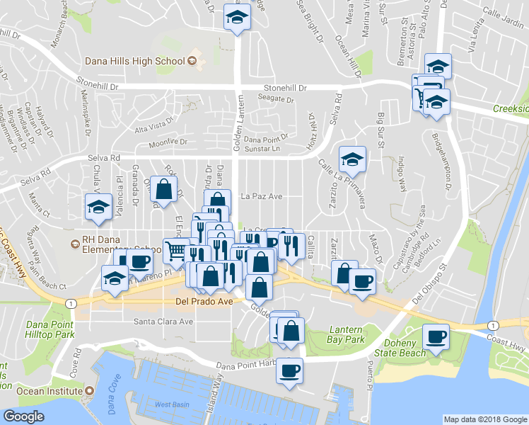 map of restaurants, bars, coffee shops, grocery stores, and more near 33962 Silver Lantern Street in Dana Point