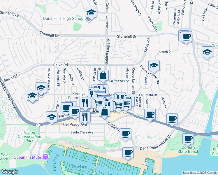 map of restaurants, bars, coffee shops, grocery stores, and more near 33926 Golden Lantern in Dana Point