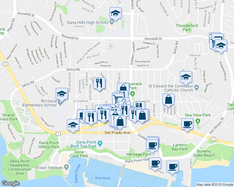 map of restaurants, bars, coffee shops, grocery stores, and more near 33961 Street of the Violet Lantern in Dana Point