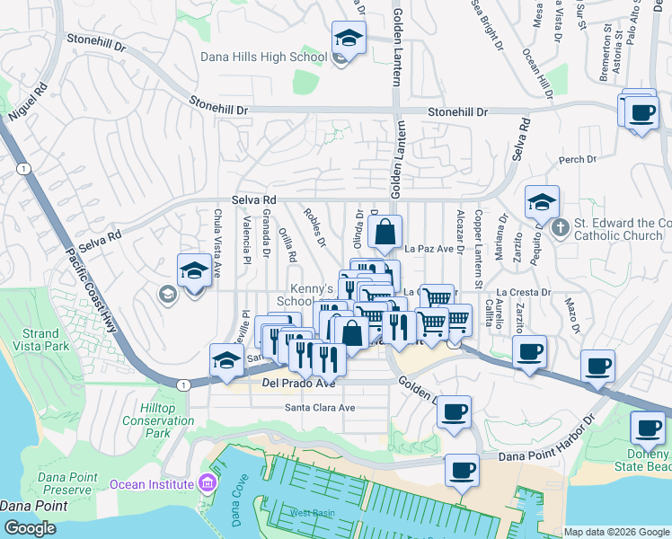 map of restaurants, bars, coffee shops, grocery stores, and more near 33961 Street of the Violet Lantern in Dana Point