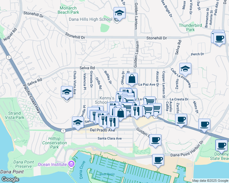map of restaurants, bars, coffee shops, grocery stores, and more near 33961 Street of the Violet Lantern in Dana Point