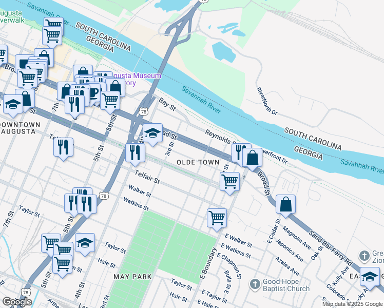 map of restaurants, bars, coffee shops, grocery stores, and more near 212 Ellis Street in Augusta