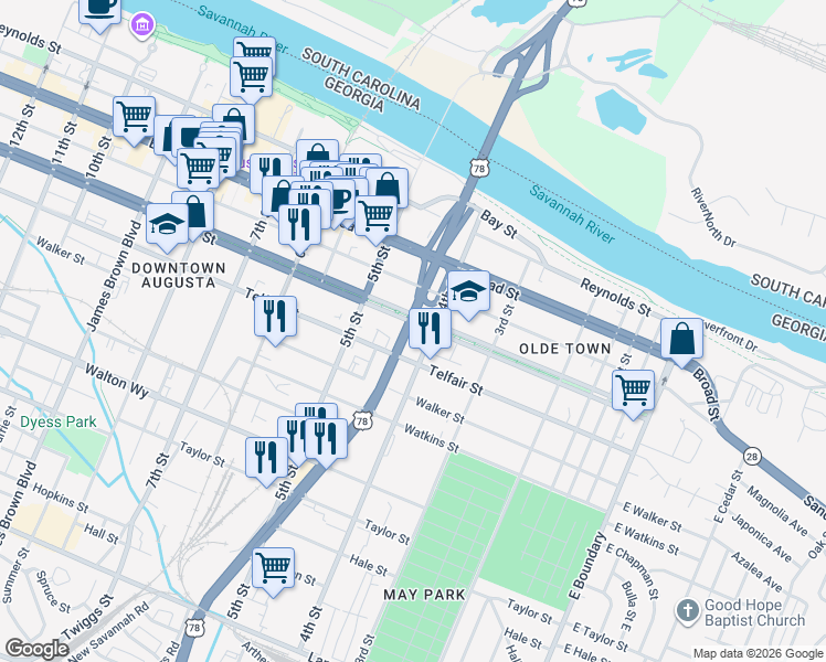 map of restaurants, bars, coffee shops, grocery stores, and more near 417 Telfair Street in Augusta