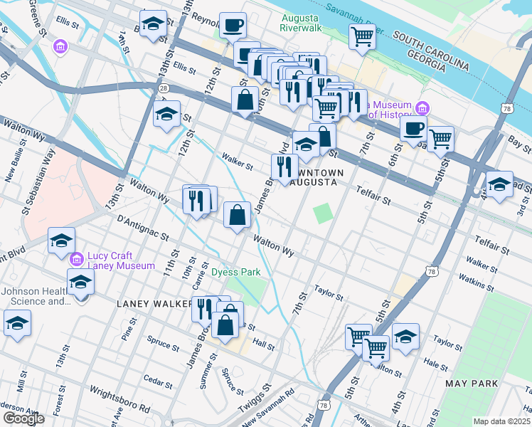 map of restaurants, bars, coffee shops, grocery stores, and more near in Augusta