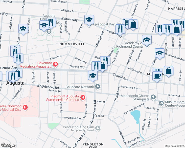 map of restaurants, bars, coffee shops, grocery stores, and more near 1312 Milledge Road in Augusta