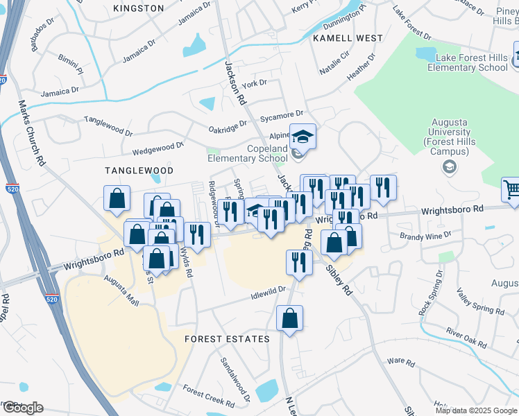 map of restaurants, bars, coffee shops, grocery stores, and more near in Augusta