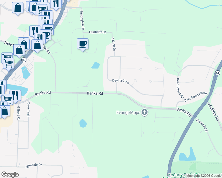 map of restaurants, bars, coffee shops, grocery stores, and more near 100 Ponderosa Trce in Fayetteville