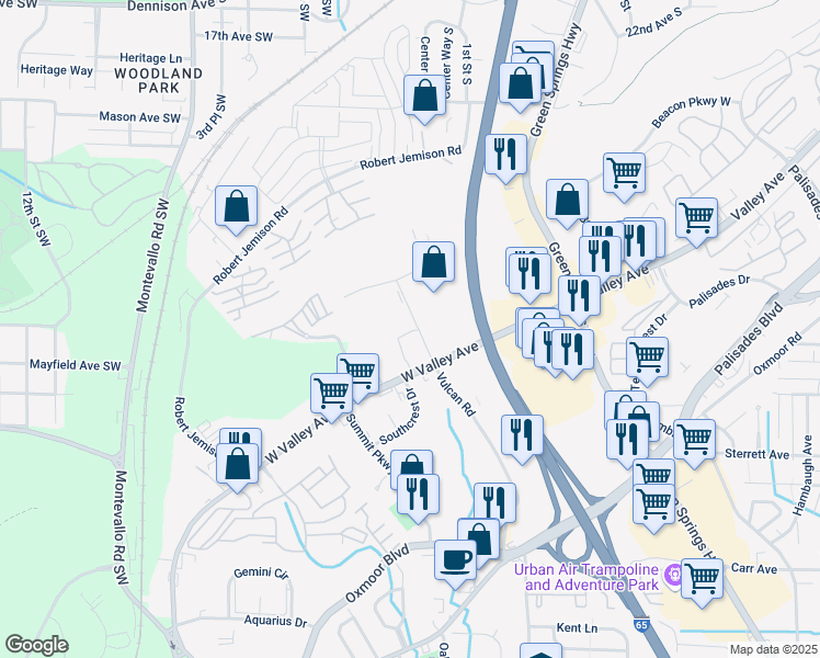 map of restaurants, bars, coffee shops, grocery stores, and more near 5548 Hampton Heights Drive in Birmingham