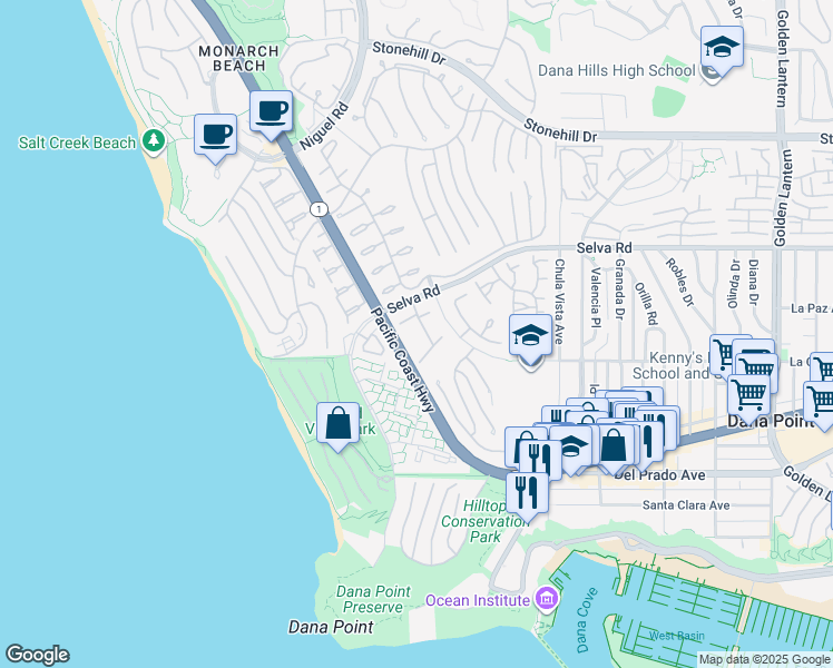 map of restaurants, bars, coffee shops, grocery stores, and more near 33925 Cape Cove in Dana Point