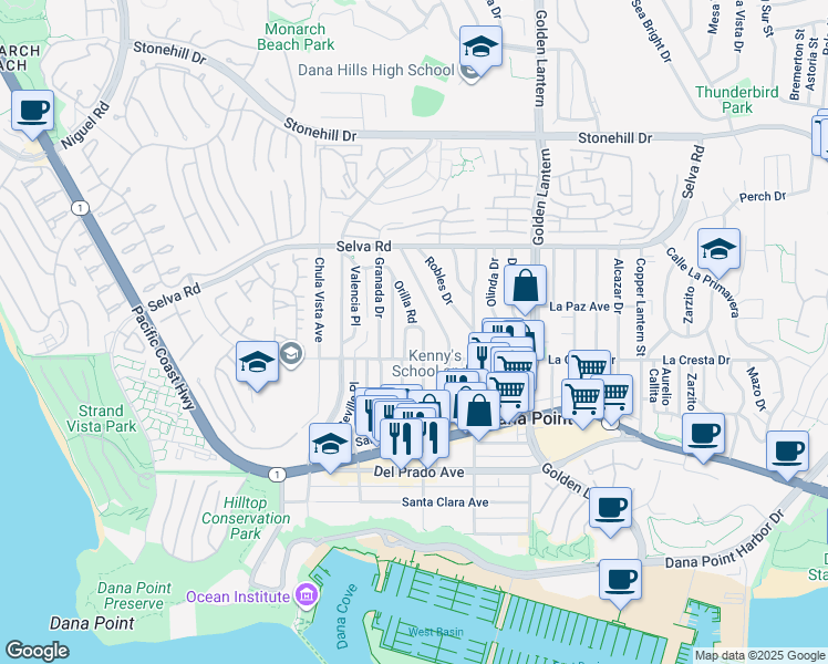 map of restaurants, bars, coffee shops, grocery stores, and more near 33922 La Serena Drive in Dana Point