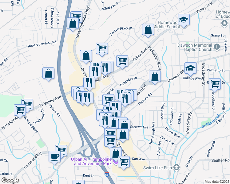 map of restaurants, bars, coffee shops, grocery stores, and more near 2751 Temple Crest Drive in Birmingham
