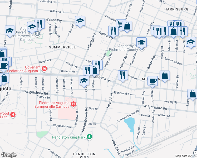map of restaurants, bars, coffee shops, grocery stores, and more near 1215 Hickman Road in Augusta