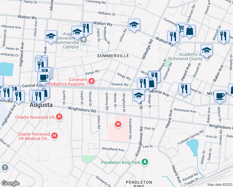 map of restaurants, bars, coffee shops, grocery stores, and more near 1306 Winter Street in Augusta