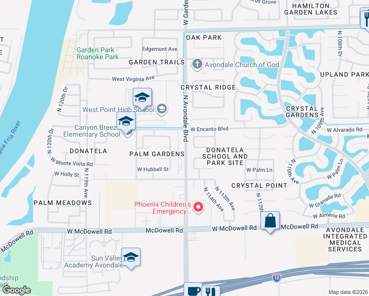 map of restaurants, bars, coffee shops, grocery stores, and more near 1938 North 114th Drive in Avondale