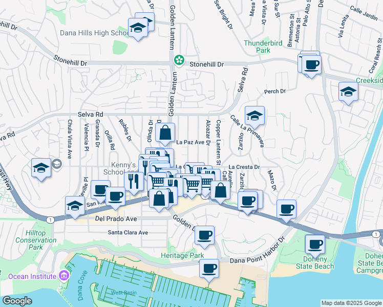 map of restaurants, bars, coffee shops, grocery stores, and more near 33922 Street of the Silver Lantern in Dana Point