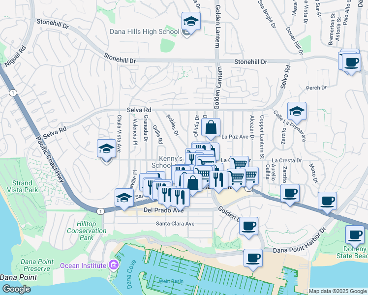 map of restaurants, bars, coffee shops, grocery stores, and more near 33961 Street of the Violet Lantern in Dana Point