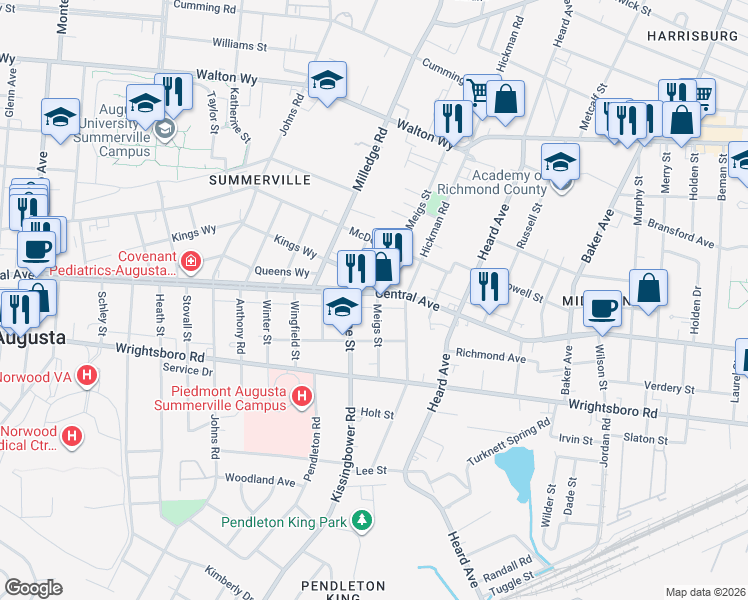 map of restaurants, bars, coffee shops, grocery stores, and more near 2150 Central Avenue in Augusta