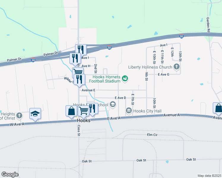 map of restaurants, bars, coffee shops, grocery stores, and more near 408 Avenue East in Hooks