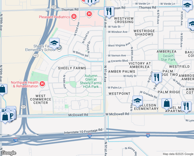 map of restaurants, bars, coffee shops, grocery stores, and more near 9127 West Monte Vista Road in Phoenix