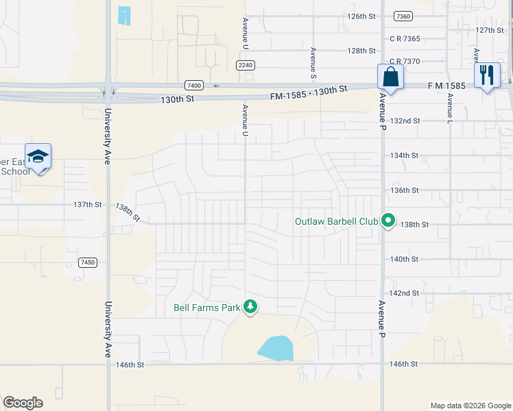 map of restaurants, bars, coffee shops, grocery stores, and more near 136th Street in Lubbock