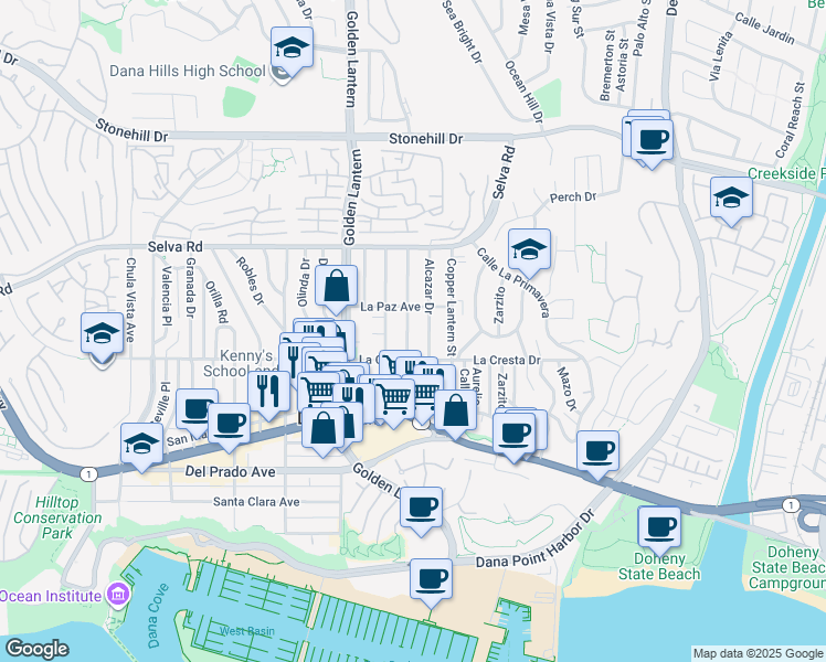 map of restaurants, bars, coffee shops, grocery stores, and more near 33922 Malaga Drive in Dana Point