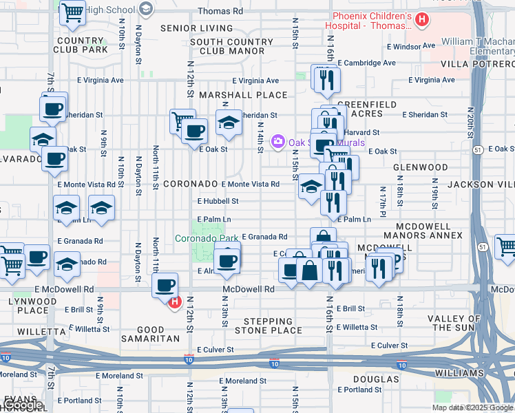 map of restaurants, bars, coffee shops, grocery stores, and more near 1414 East Palm Lane in Phoenix