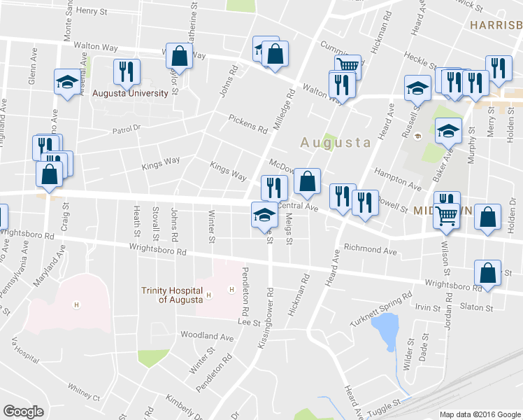 map of restaurants, bars, coffee shops, grocery stores, and more near 2200 Central Avenue in Augusta