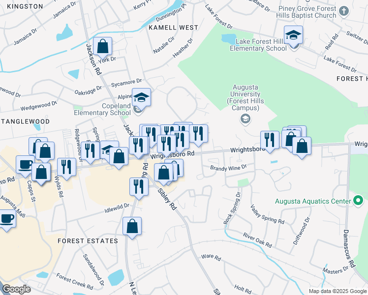 map of restaurants, bars, coffee shops, grocery stores, and more near 3221 Wrightsboro Road in Augusta