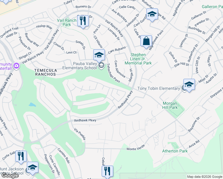 map of restaurants, bars, coffee shops, grocery stores, and more near 45221 Almora Street in Temecula