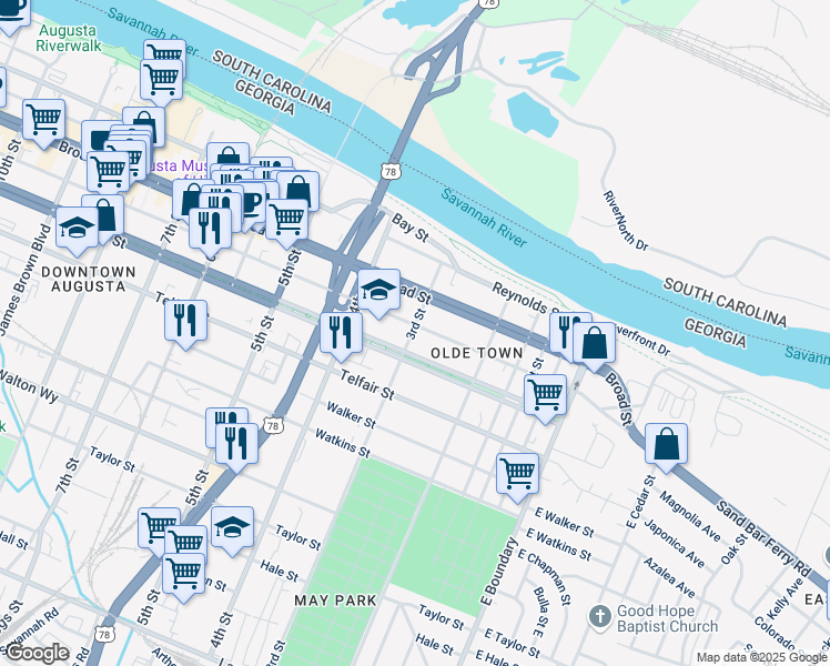 map of restaurants, bars, coffee shops, grocery stores, and more near 247 Greene Street in Augusta