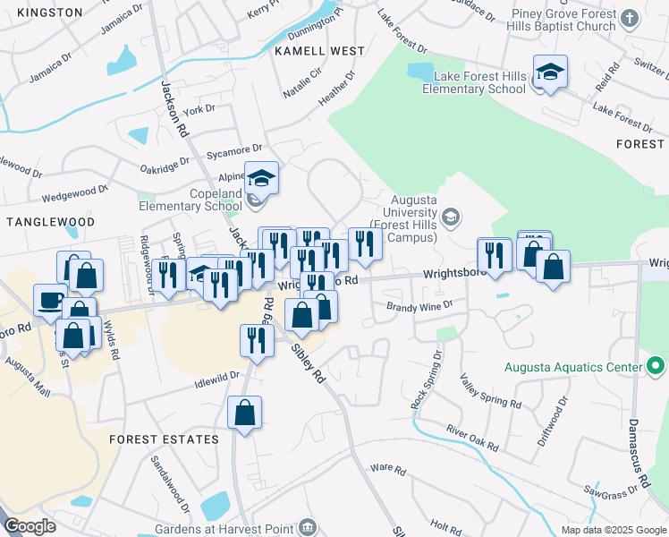 map of restaurants, bars, coffee shops, grocery stores, and more near 3216 Wrightsboro Road in Augusta
