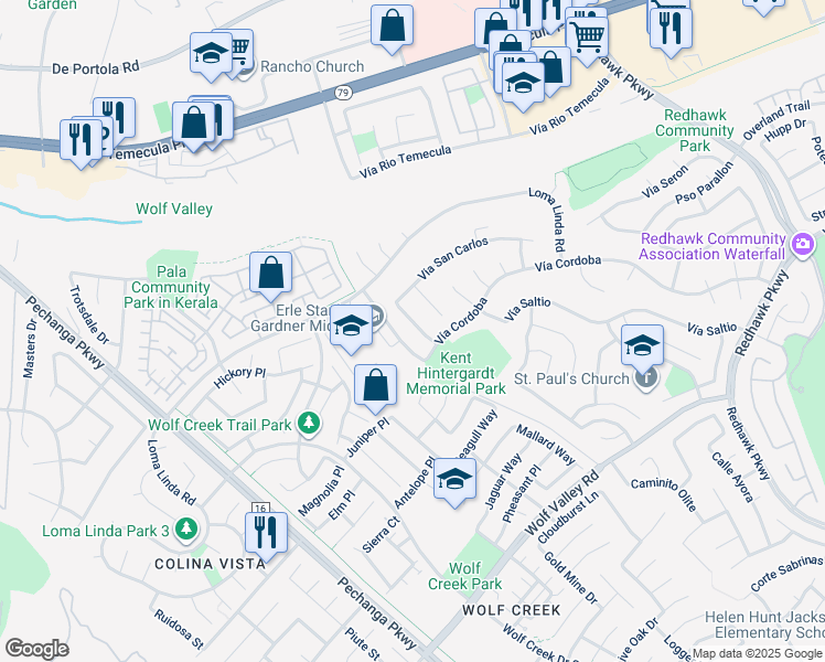map of restaurants, bars, coffee shops, grocery stores, and more near 45149 Via Quivera in Temecula