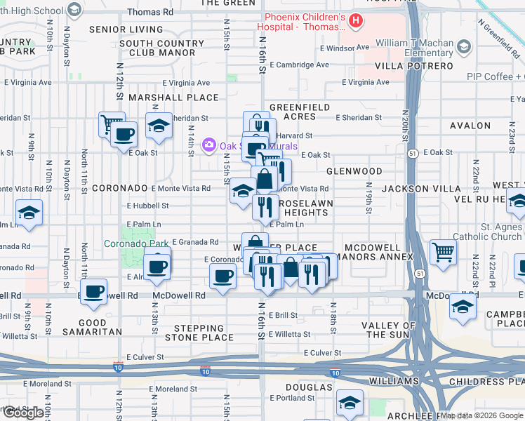 map of restaurants, bars, coffee shops, grocery stores, and more near 2004 North 16th Street in Phoenix