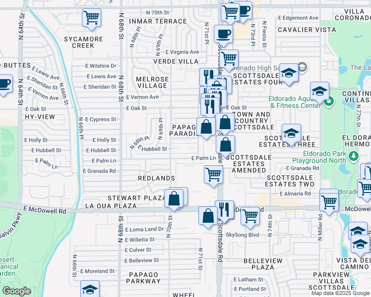 map of restaurants, bars, coffee shops, grocery stores, and more near 7038 East Palm Lane in Scottsdale