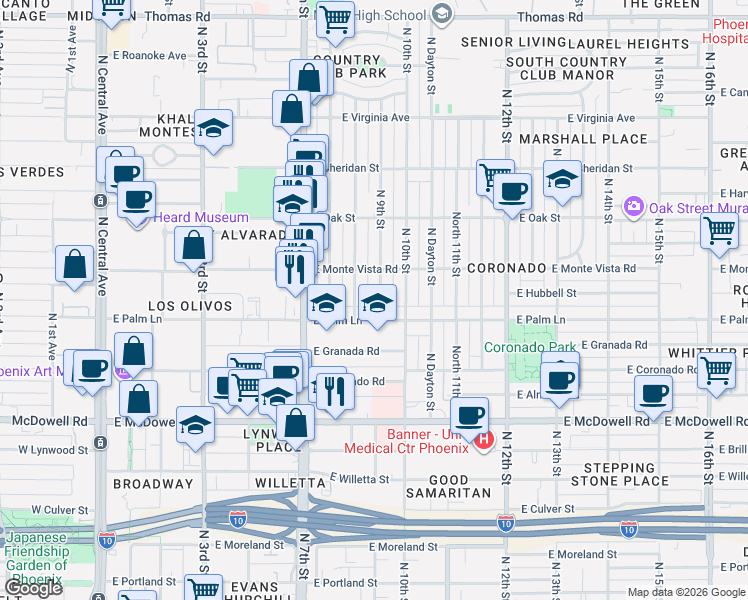 map of restaurants, bars, coffee shops, grocery stores, and more near 842 East Palm Lane in Phoenix