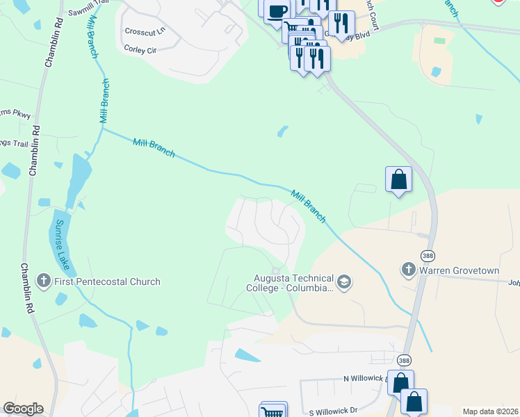 map of restaurants, bars, coffee shops, grocery stores, and more near 1271 Cobblefield Drive in Grovetown