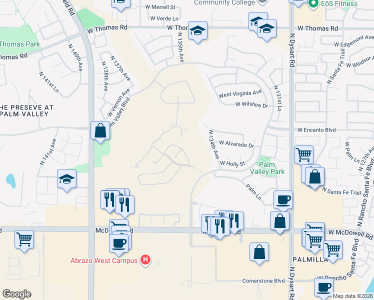 map of restaurants, bars, coffee shops, grocery stores, and more near 2049 North 135th Drive in Goodyear
