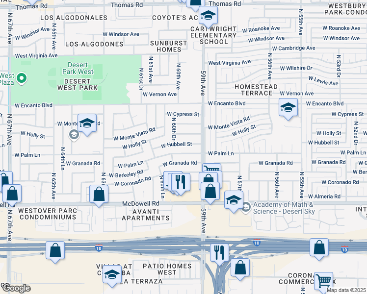 map of restaurants, bars, coffee shops, grocery stores, and more near 5935 West Palm Lane in Phoenix