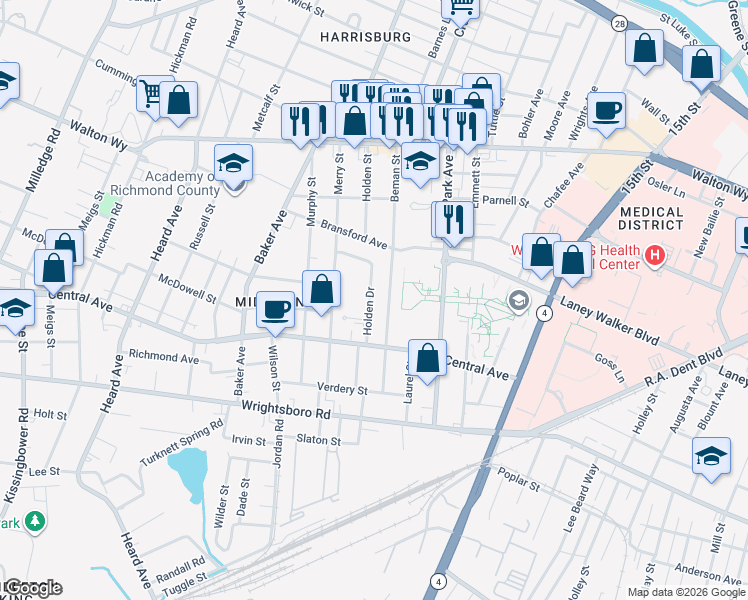 map of restaurants, bars, coffee shops, grocery stores, and more near 1227 Beman Street in Augusta