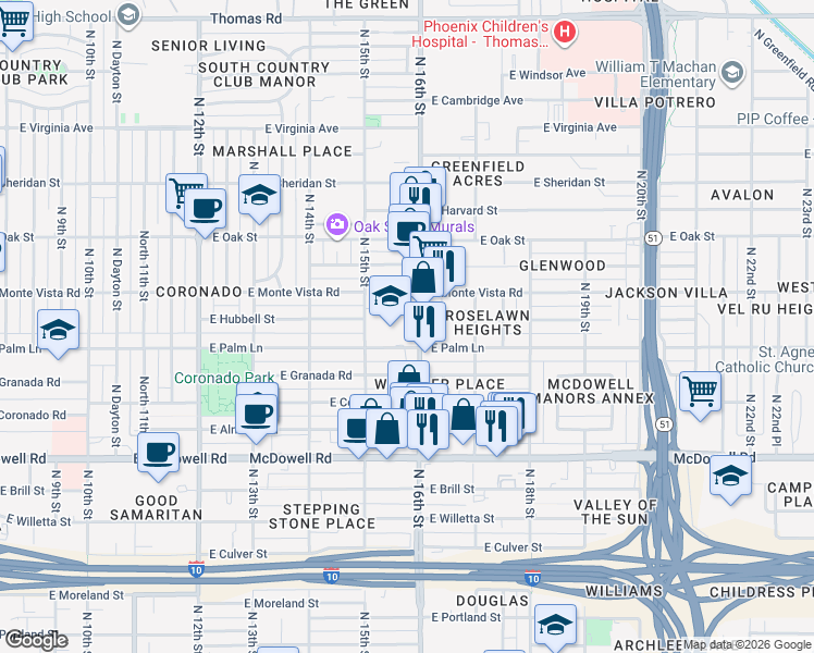 map of restaurants, bars, coffee shops, grocery stores, and more near 2004 North 16th Street in Phoenix