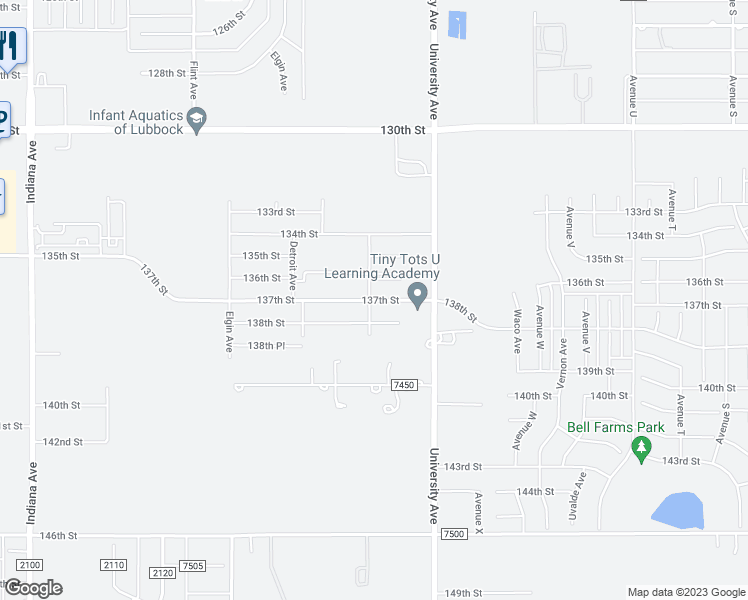 map of restaurants, bars, coffee shops, grocery stores, and more near 2554 138th Street in Lubbock