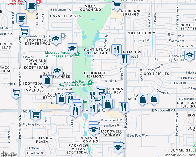 map of restaurants, bars, coffee shops, grocery stores, and more near 7733 East Palm Lane in Scottsdale