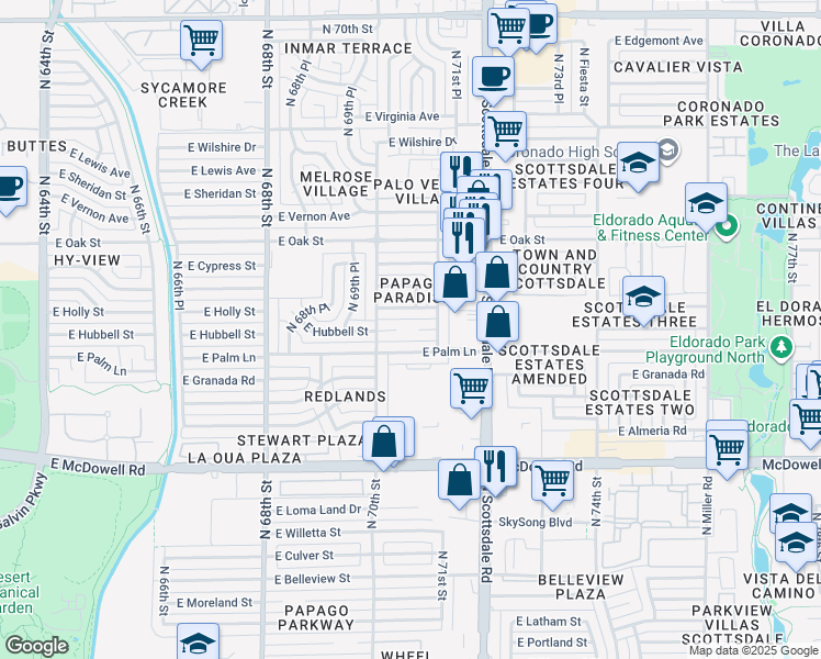 map of restaurants, bars, coffee shops, grocery stores, and more near 7038 East Palm Lane in Scottsdale