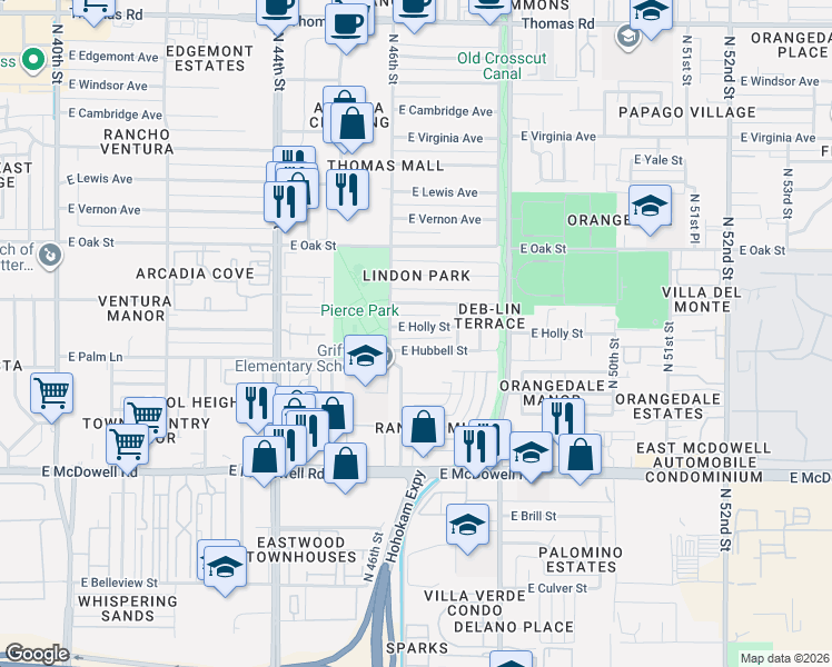 map of restaurants, bars, coffee shops, grocery stores, and more near 4629 East Hubbell Street in Phoenix