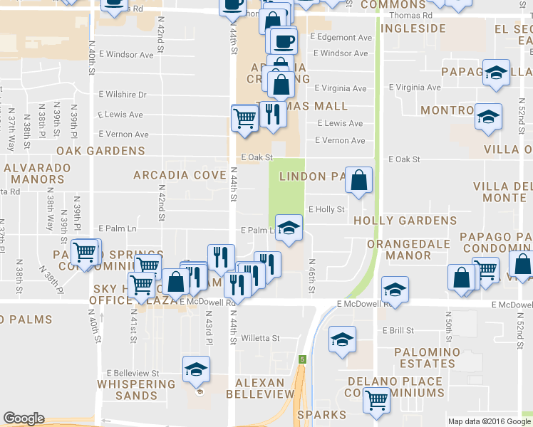 map of restaurants, bars, coffee shops, grocery stores, and more near 4433 East Hubbell Street in Phoenix