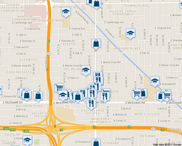 map of restaurants, bars, coffee shops, grocery stores, and more near 2004 North 24th Street in Phoenix
