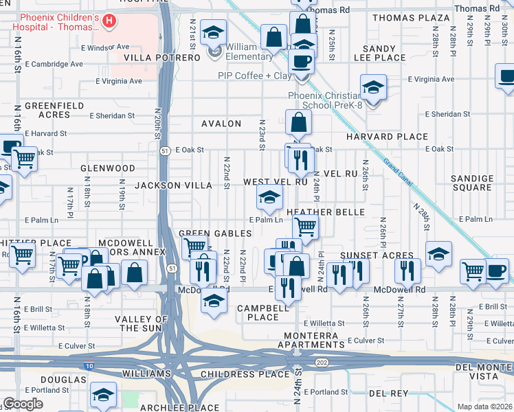 map of restaurants, bars, coffee shops, grocery stores, and more near 2302 East Palm Lane in Phoenix
