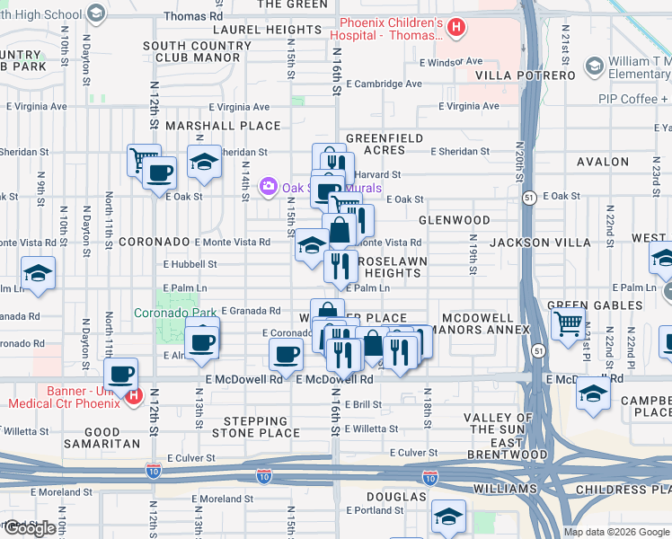 map of restaurants, bars, coffee shops, grocery stores, and more near 1618 East Palm Lane in Phoenix
